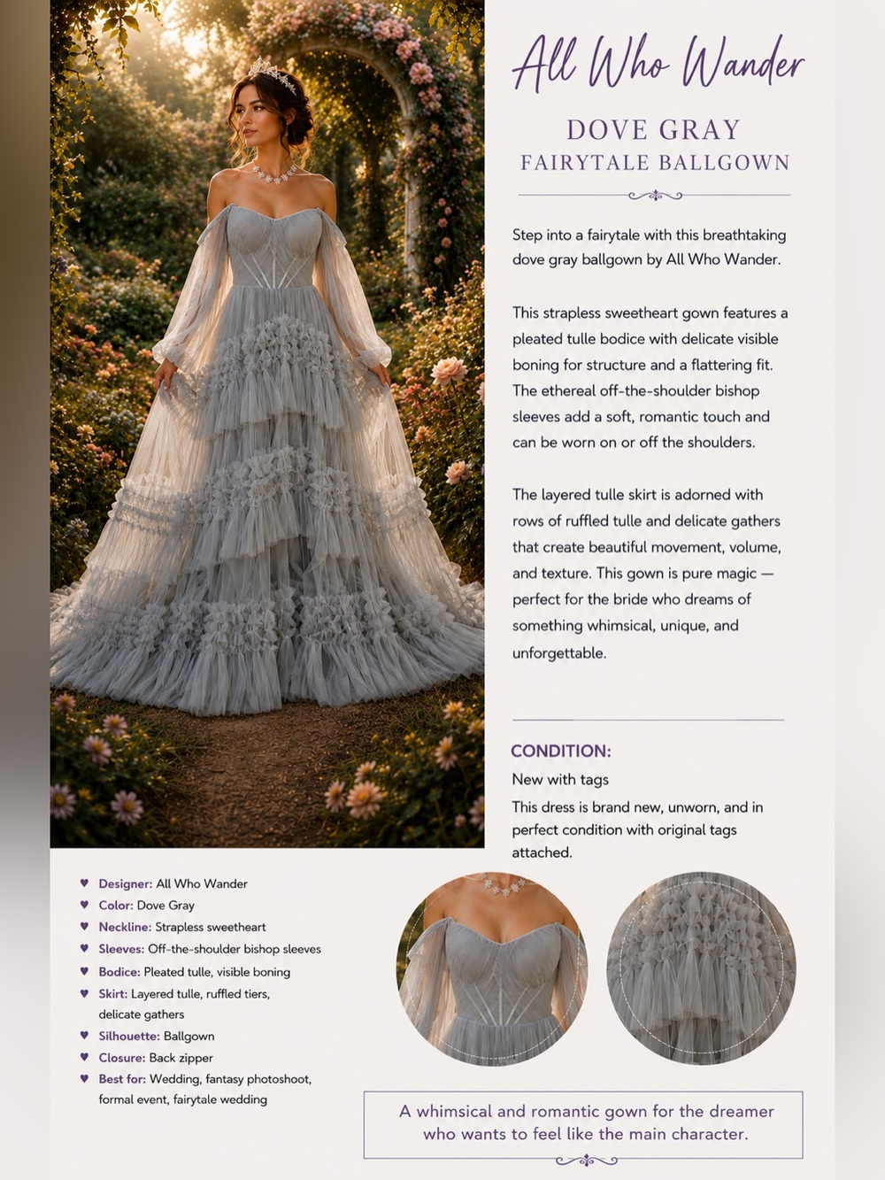 Ethereal Silver Gray Tulle Corset Gown Ruffle Tiered Fairytale Wedding Dress
